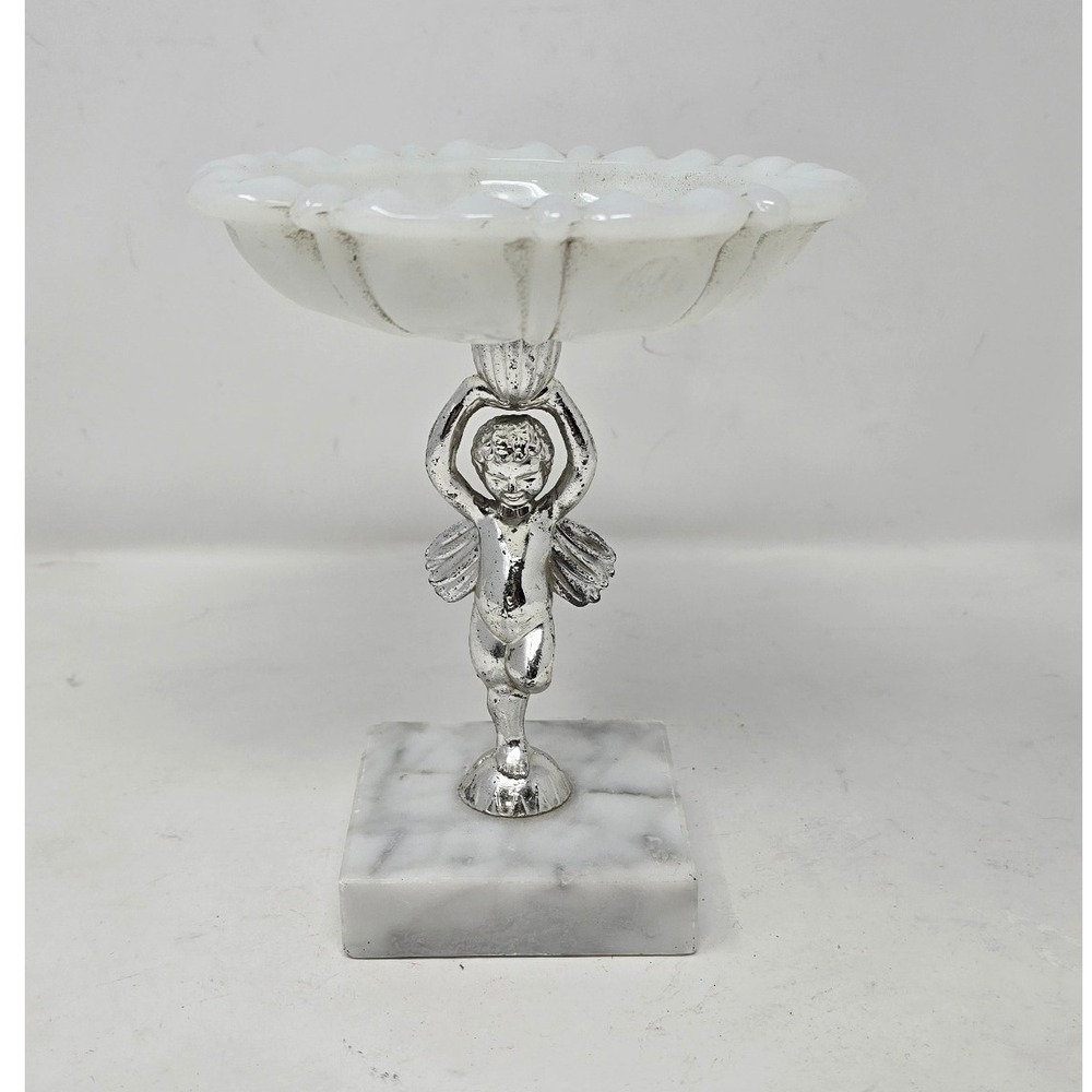 Vintage Milk Glass Cherub Compote‎ Dish Silver Angel Figurine Marble Base 8 inch